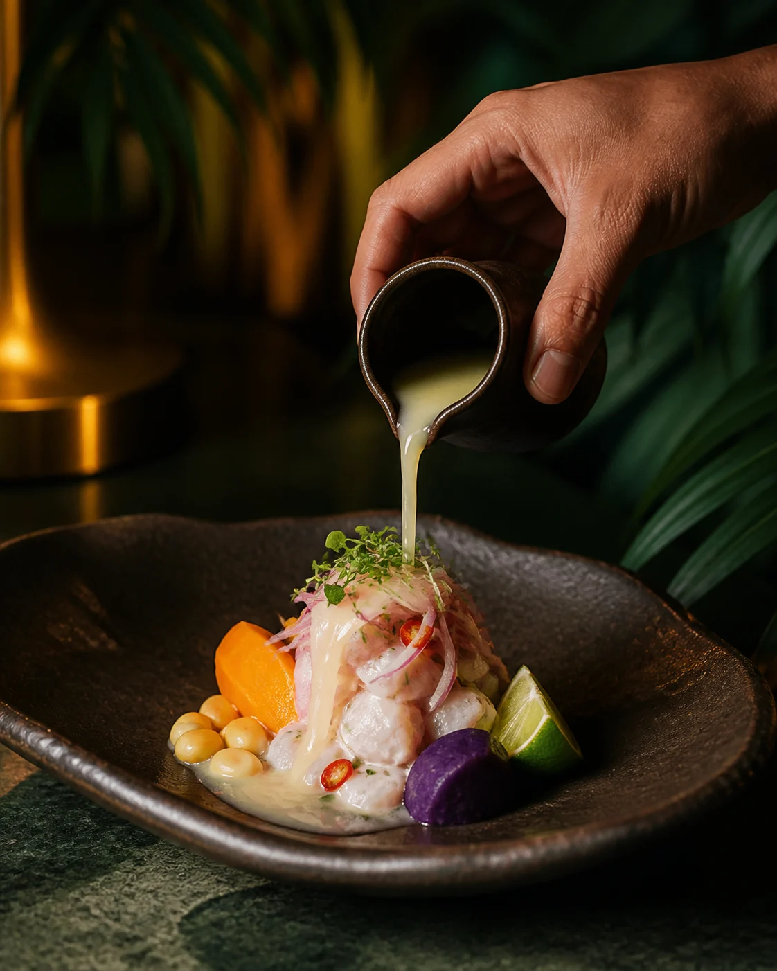 Leche de tigre being poured over a composed ceviche