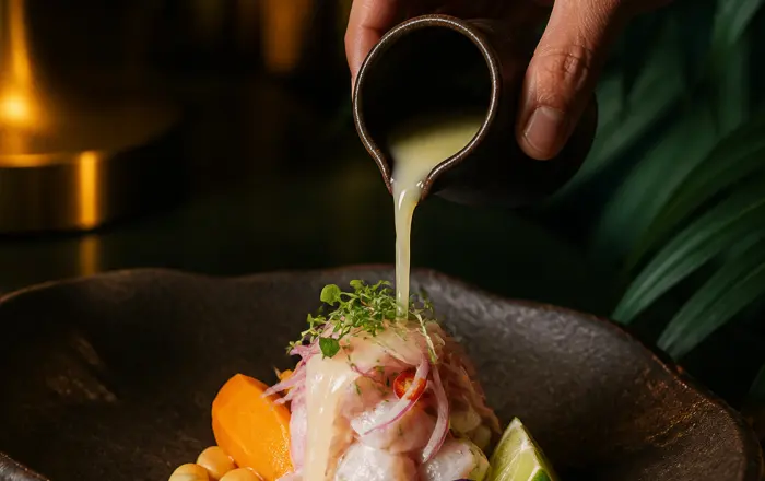 Leche de tigre poured over ceviche